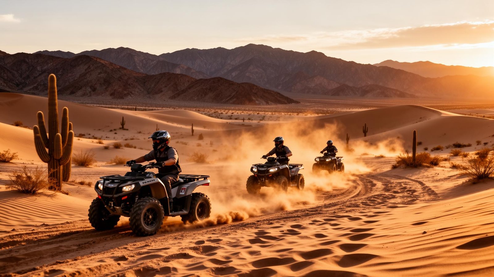 ATV riders racing through Baja California desert landscape at sunset near Los Cabos